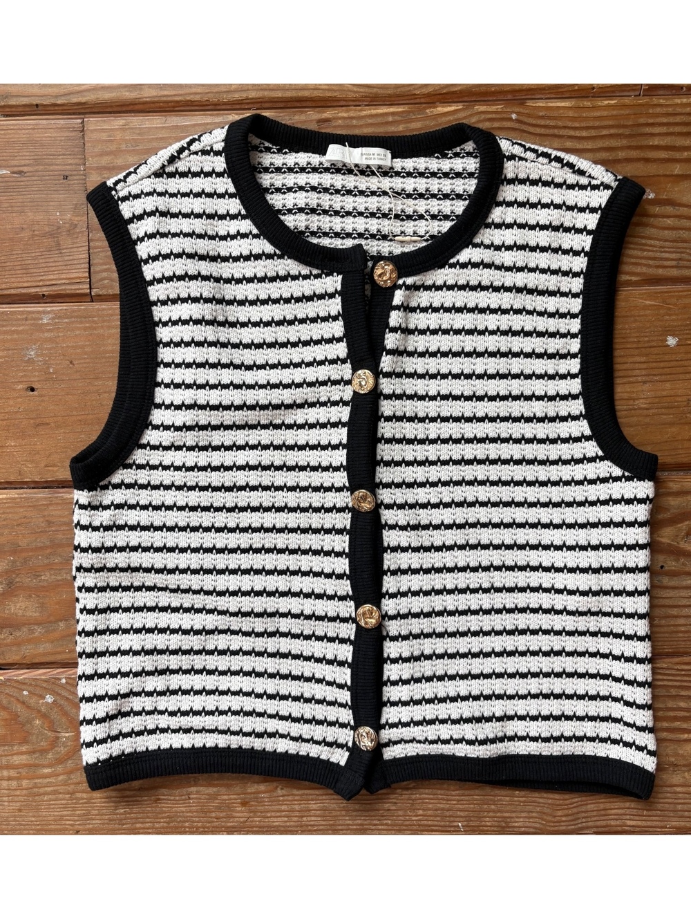 Zara Knit Black White Striped Gold Button Sweater Vest Size M